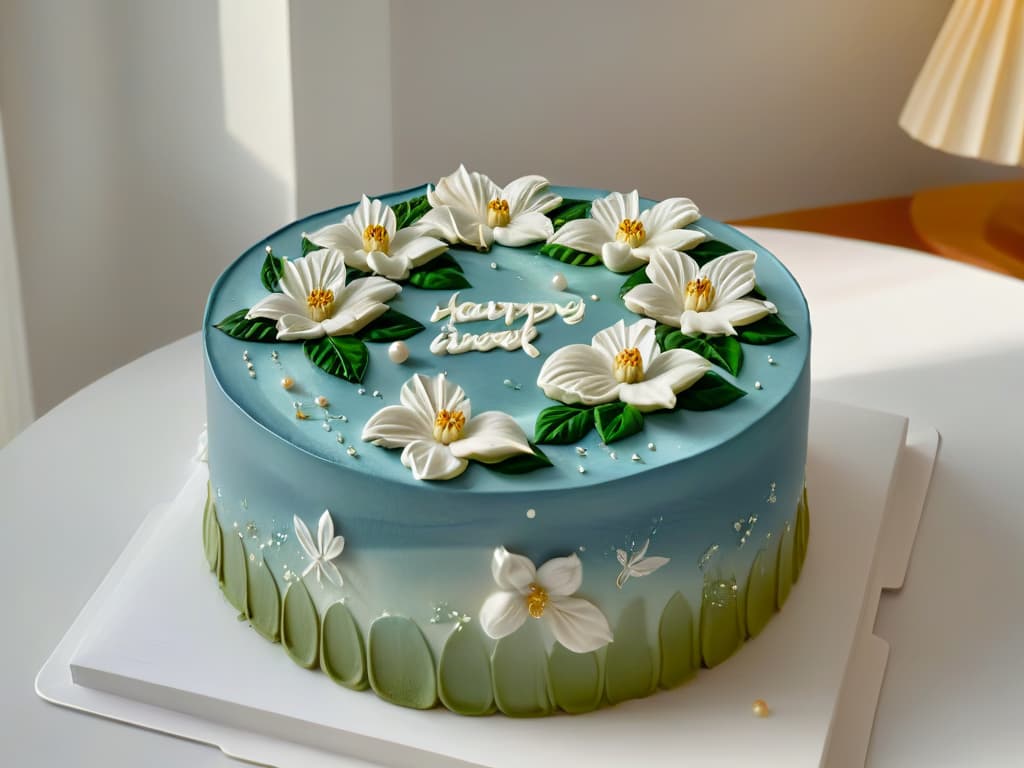  An 8k ultradetailed image of a traditional Japanese birthday cake, intricately decorated with delicate cherry blossoms made from fondant icing. The cake sits elegantly on a simple, white porcelain cake stand, with soft natural light filtering in to highlight the artistry of the floral decorations. Each petal is meticulously crafted, showcasing the attention to detail and cultural significance of the design. The image captures the essence of Japanese precision and beauty in pastry art, inviting viewers to appreciate the subtlety and grace of this traditional birthday treat. hyperrealistic, full body, detailed clothing, highly detailed, cinematic lighting, stunningly beautiful, intricate, sharp focus, f/1. 8, 85mm, (centered image composition), (professionally color graded), ((bright soft diffused light)), volumetric fog, trending on instagram, trending on tumblr, HDR 4K, 8K