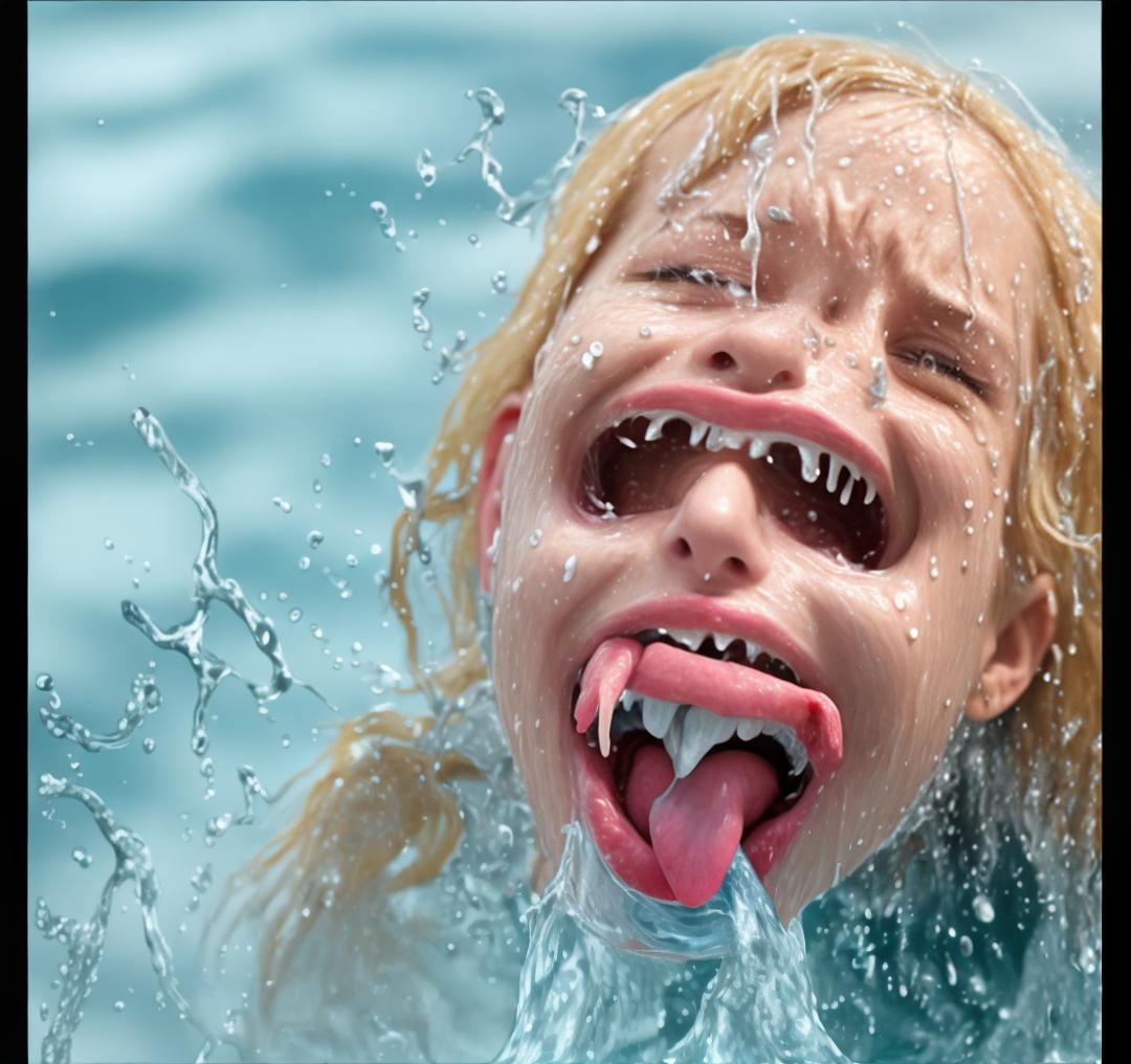  screaming and panic woman a lot of water splashes from the mouth