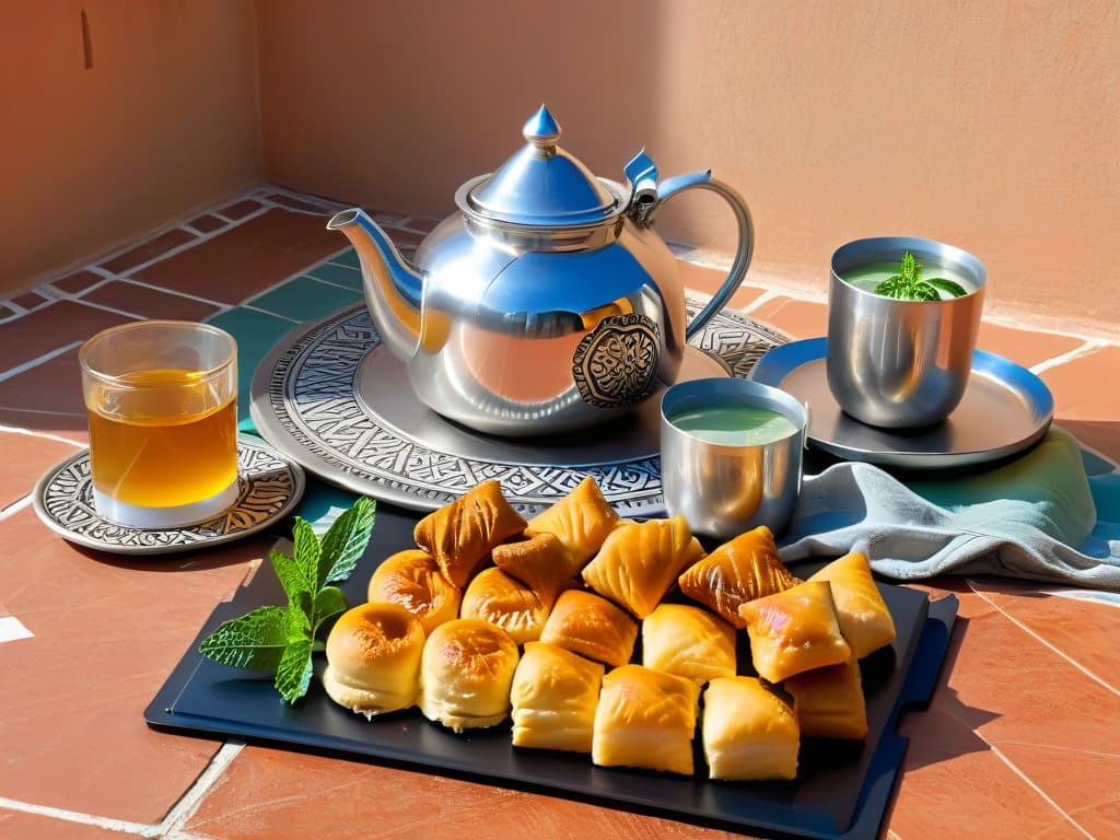  A minimalistic image of a traditional Moroccan tea set, composed of intricately designed silver teapot, delicate glasses filled with mint tea, and a plate of assorted Moroccan pastries like baklava and chebakia, set against a backdrop of a geometric Moroccan tile pattern in muted earth tones. The play of light and shadow highlights the textures and details of the objects, evoking a serene and elegant ambiance that captures the essence of Moroccan culinary heritage and cultural richness. hyperrealistic, full body, detailed clothing, highly detailed, cinematic lighting, stunningly beautiful, intricate, sharp focus, f/1. 8, 85mm, (centered image composition), (professionally color graded), ((bright soft diffused light)), volumetric fog, trending on instagram, trending on tumblr, HDR 4K, 8K