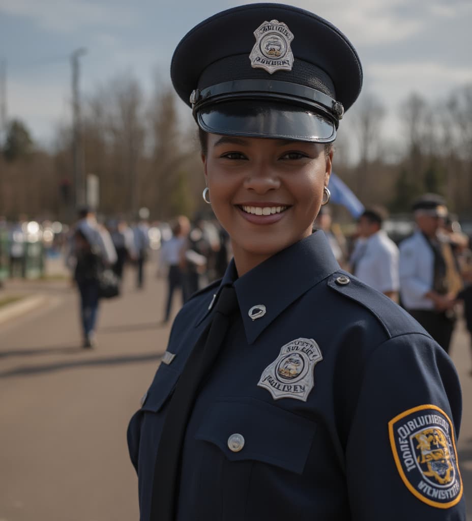  detail, photo, cinscene, dreamwalking black skinned women in a cop uniform with police department flag in the background, smiling, raw