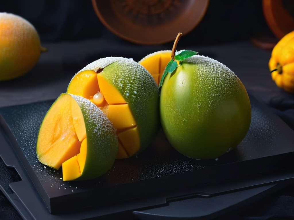  A closeup, ultradetailed image of a perfectly ripe mango sliced into elegant cubes, arranged in a geometric pattern on a sleek, matte black plate. The vibrant orange hues of the mango contrast beautifully against the dark background, with droplets of condensation glistening on the fruit, highlighting its freshness. Each succulent piece reflects the light delicately, showcasing the juicy texture and tempting sweetness of this tropical delight. hyperrealistic, full body, detailed clothing, highly detailed, cinematic lighting, stunningly beautiful, intricate, sharp focus, f/1. 8, 85mm, (centered image composition), (professionally color graded), ((bright soft diffused light)), volumetric fog, trending on instagram, trending on tumblr, HDR 4K, 8K