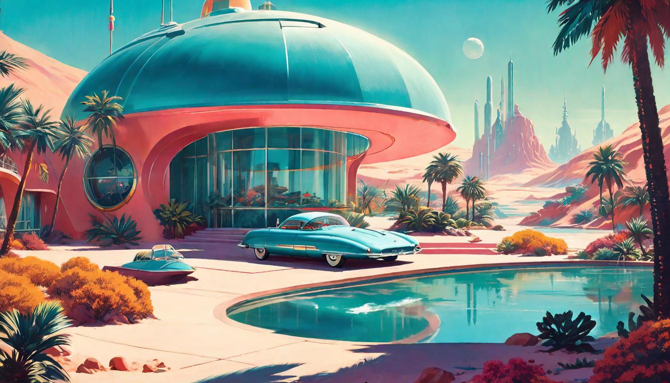  retro futuristic Oasis in a desert, a rare place of truth in a land of pretense, Refuge of authenticity, Solace in sincerity, Mirages of deceit dissolve, Cool waters, the refreshment of honesty lvintage sci fi, 50s and 60s style, atomic age, vibrant, highly detailed