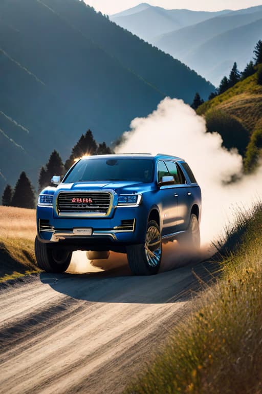  A blue, heavy SUV was driving up the hill hyperrealistic, full body, detailed clothing, highly detailed, cinematic lighting, stunningly beautiful, intricate, sharp focus, f/1. 8, 85mm, (centered image composition), (professionally color graded), ((bright soft diffused light)), volumetric fog, trending on instagram, trending on tumblr, HDR 4K, 8K