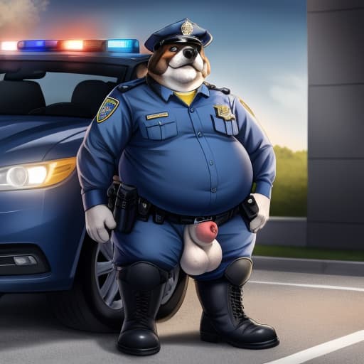  saint bernard (old, fat, dilf, police officer, wearing police uniform, big feet, wearing boots, wearing collar, fat sheath, fat canine penis, fat balls,). police car in background., open eyes, digital art, masterpiece, 4k, fine details,