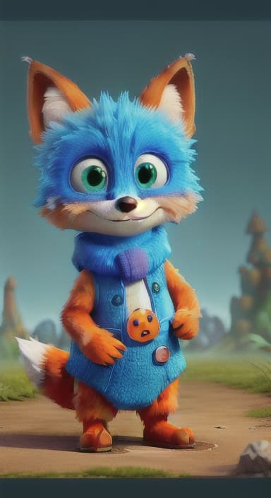  {Error the fox pressing the blue button with his paw, looking puzzled as nothing occurs., Error is a small, bright orange fox with a fluffy tail and big, inquisitive eyes. He has a mischievous yet kind expression and wears a tiny green scarf.