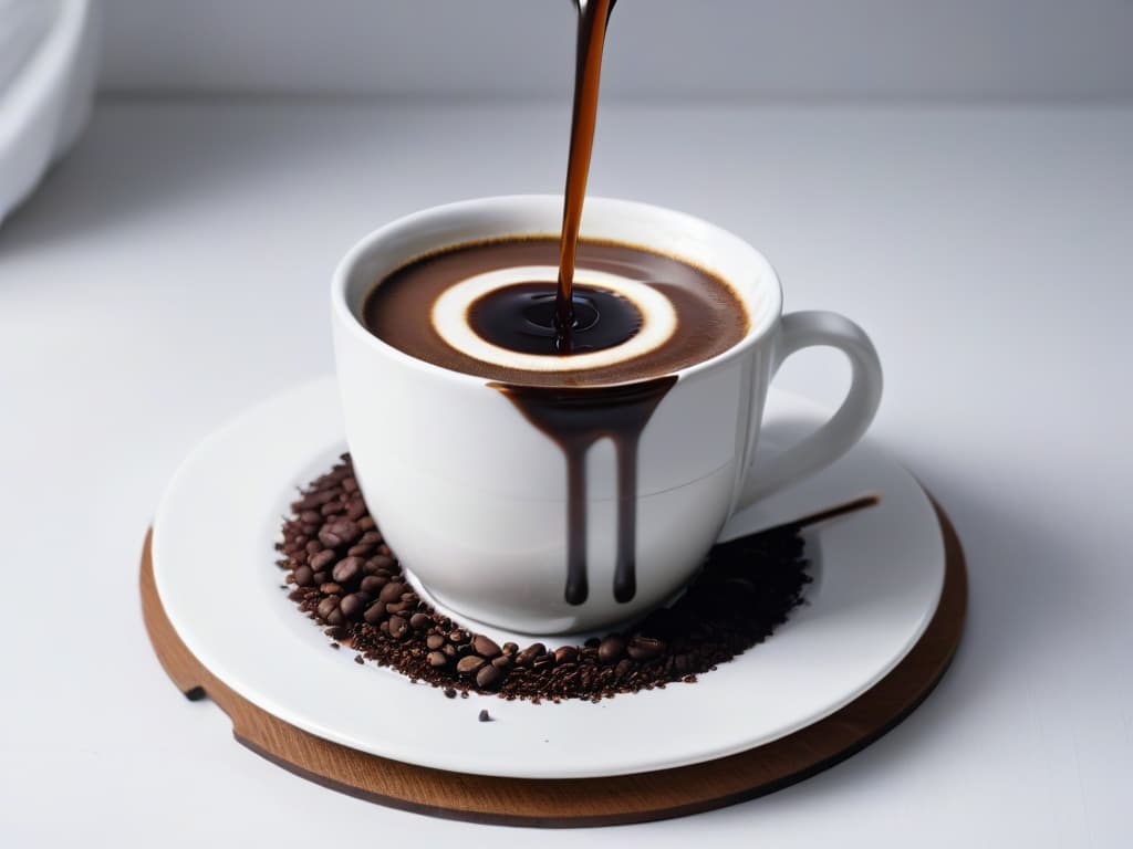  A closeup, ultradetailed image of a perfectly symmetrical swirl of rich dark chocolate being poured into a delicate porcelain cup of steaming espresso, captured at the exact moment of merging, showcasing the glossy texture of the chocolate and the crema on the coffee's surface. The contrast between the deep brown hues of the chocolate and the dark coffee against the pristine white of the cup creates a visually striking and minimalist composition that evokes a sense of luxury and indulgence, perfect for the theme of the article. hyperrealistic, full body, detailed clothing, highly detailed, cinematic lighting, stunningly beautiful, intricate, sharp focus, f/1. 8, 85mm, (centered image composition), (professionally color graded), ((bright soft diffused light)), volumetric fog, trending on instagram, trending on tumblr, HDR 4K, 8K