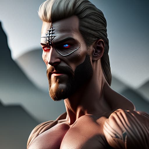  muscular blonde guy, he wears an eye patch with no shirt blue eye and shoort beard on his chin he has scars on he's chest he has an evil smile standing on a mountain of bodies hyperrealistic, full body, detailed clothing, highly detailed, cinematic lighting, stunningly beautiful, intricate, sharp focus, f/1. 8, 85mm, (centered image composition), (professionally color graded), ((bright soft diffused light)), volumetric fog, trending on instagram, trending on tumblr, HDR 4K, 8K