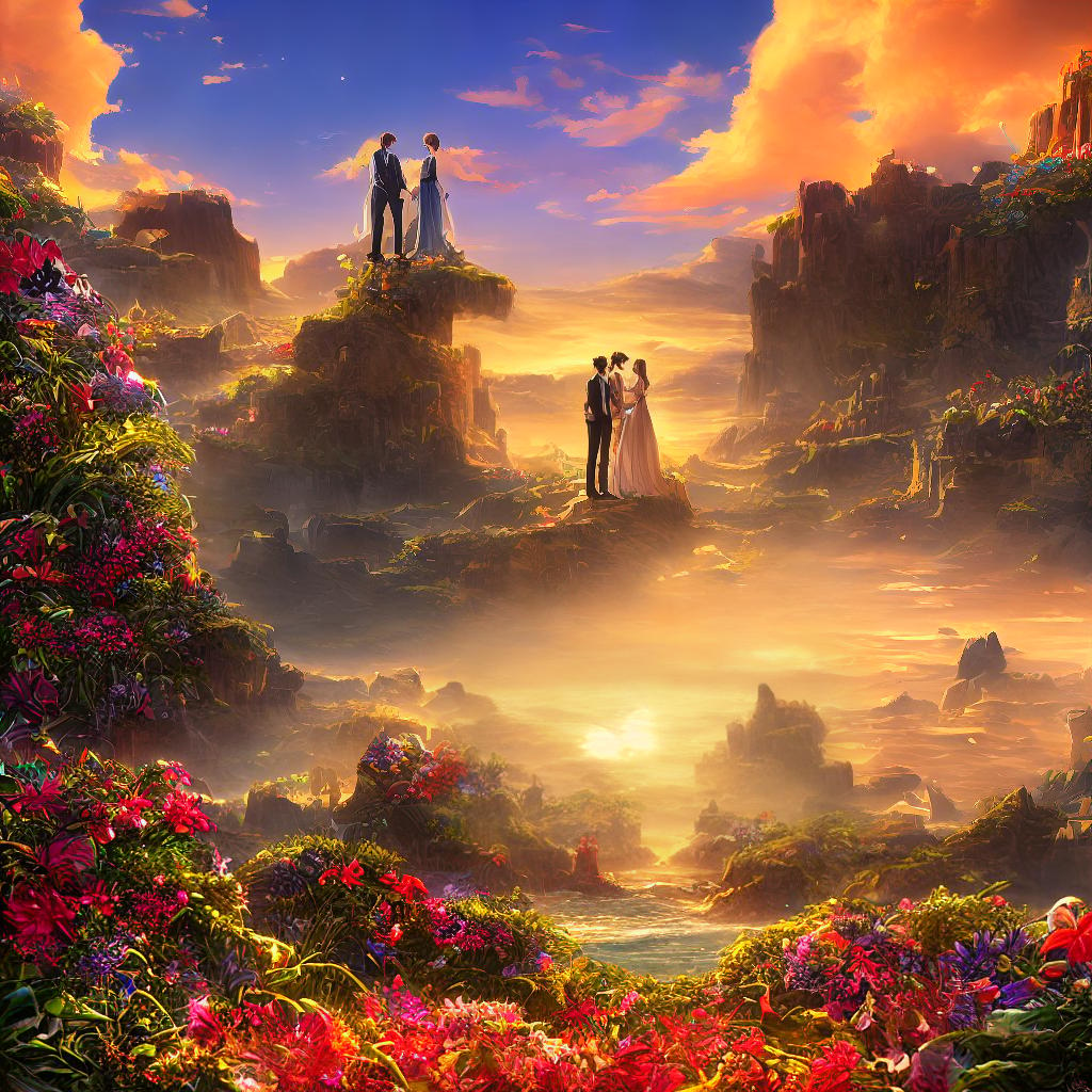  A Disney Pixar style poster of a couple, featuring a tall guy with brown hair and brown eyes, and a girl with hair and green eyes. The poster is a masterpiece with the best quality, 8k resolution, and high detailed. The couple is depicted in a joyful and romantic pose, standing in a picturesque setting. The background consists of a beautiful sunset beach, with golden sand and crashing waves. The couple is surrounded by vibrant tropical flowers, including hibiscus and plumeria, adding a pop of color to the scene. The lighting is warm and soft, capturing the enchanting atmosphere of the moment. hyperrealistic, full body, detailed clothing, highly detailed, cinematic lighting, stunningly beautiful, intricate, sharp focus, f/1. 8, 85mm, (centered image composition), (professionally color graded), ((bright soft diffused light)), volumetric fog, trending on instagram, trending on tumblr, HDR 4K, 8K
