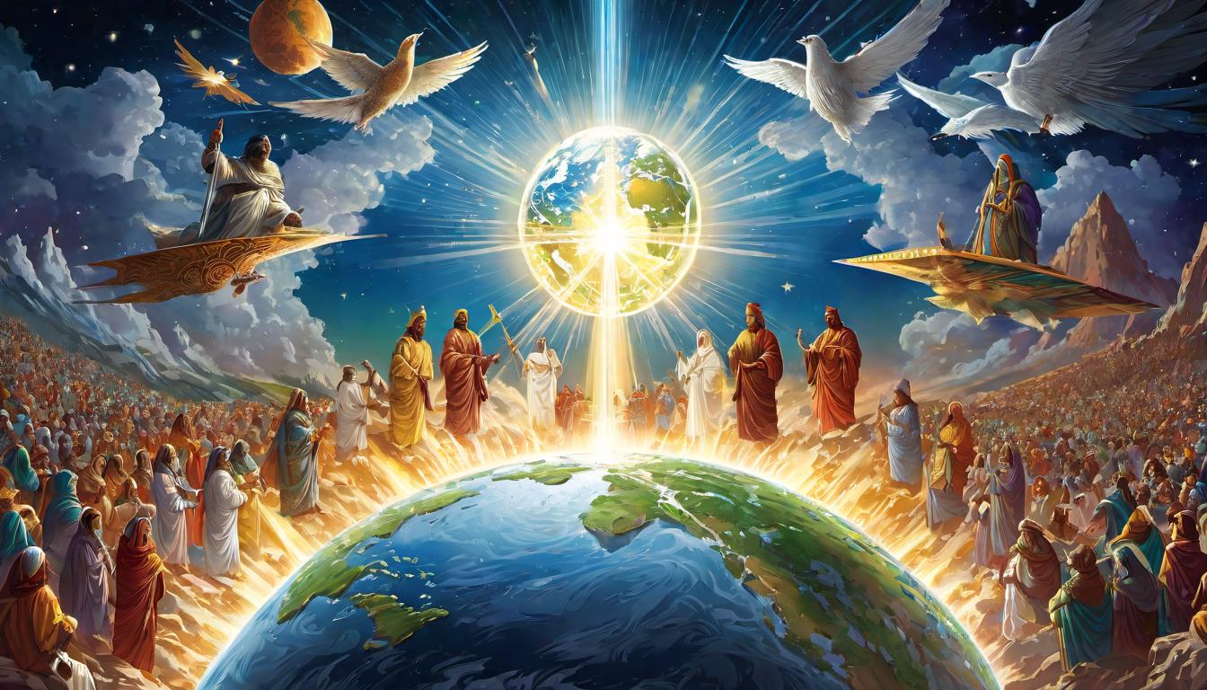  digital illustration, Earth radiating a higher frequency of light, surrounded by enlightened beings, smoother transition, collective harmony, looking at viewer, dynamic pose, (intricate details, masterpiece, best quality)