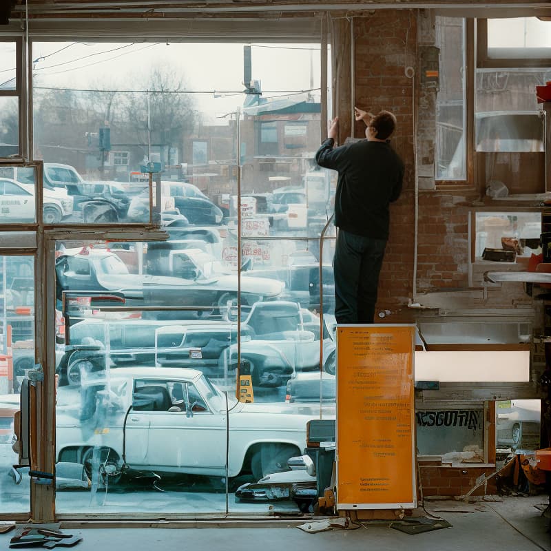 analog style changing windows in a vehicle repair shop