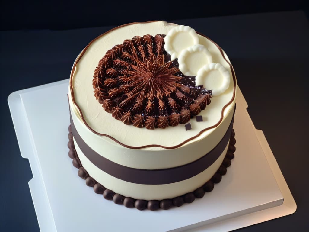  A sleek, minimalistic image showcasing a 3Dprinted chocolate cake adorned with intricate geometric patterns, set against a stark white background. The cake is perfectly symmetrical, with each layer showcasing a different shade of rich, decadent chocolate. The precision of the 3D printing process is highlighted by the flawless details of the design, creating a visually stunning and futuristic dessert masterpiece. hyperrealistic, full body, detailed clothing, highly detailed, cinematic lighting, stunningly beautiful, intricate, sharp focus, f/1. 8, 85mm, (centered image composition), (professionally color graded), ((bright soft diffused light)), volumetric fog, trending on instagram, trending on tumblr, HDR 4K, 8K