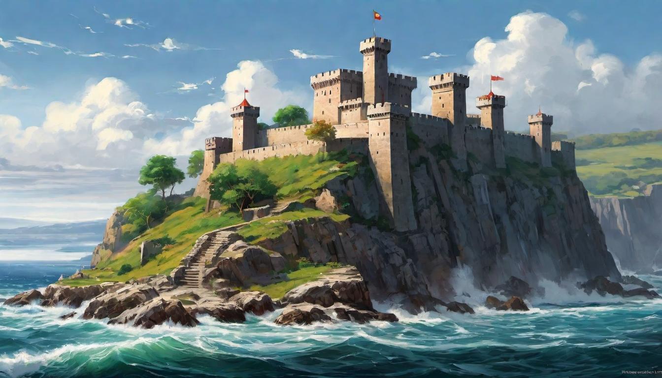  digital painting of A fortress standing on a high cliff overlooking a tumultuous sea, walls strong and sturdy, symbolizing community resilience and protection against moral decay and societal fragmentation, beacon of stability in troubled times looking at viewer, dynamic pose, (intricate details, masterpiece, best quality)