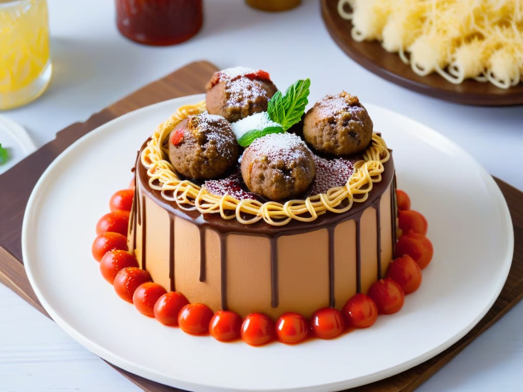  A highresolution image of a decadent dessert that resembles a savory dish, such as a chocolate cake decorated to look like a bowl of spaghetti and meatballs, complete with chocolate "meatballs" and strawberry "marinara sauce." The dessert should be elegantly presented on a white plate, garnished with fresh mint leaves for a pop of color and contrast. The focus should be on the intricate details of the dessert, showcasing the creativity and skill involved in transforming a savory concept into a sweet treat. hyperrealistic, full body, detailed clothing, highly detailed, cinematic lighting, stunningly beautiful, intricate, sharp focus, f/1. 8, 85mm, (centered image composition), (professionally color graded), ((bright soft diffused light)), volumetric fog, trending on instagram, trending on tumblr, HDR 4K, 8K