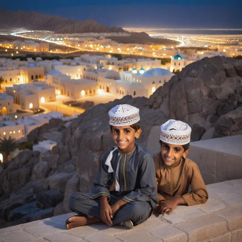  a photo of a omani cute boy sitting in front of Muscat city at night