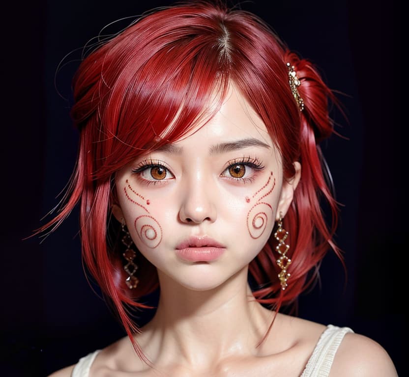  Swirled cheeks, red short hair, flower hair ornaments, large red ribbon hair ornaments, dentures like Kiba, big eyes, energy, cute, pop clothes, (Masterpiece, BestQuality:1.3), (ultra detailed:1.2), (hyperrealistic:1.3), (RAW photo:1.2),High detail RAW color photo, professional photograph, (Photorealistic:1.4), (realistic:1.4), ,professional lighting, (japanese), beautiful face, (realistic face)