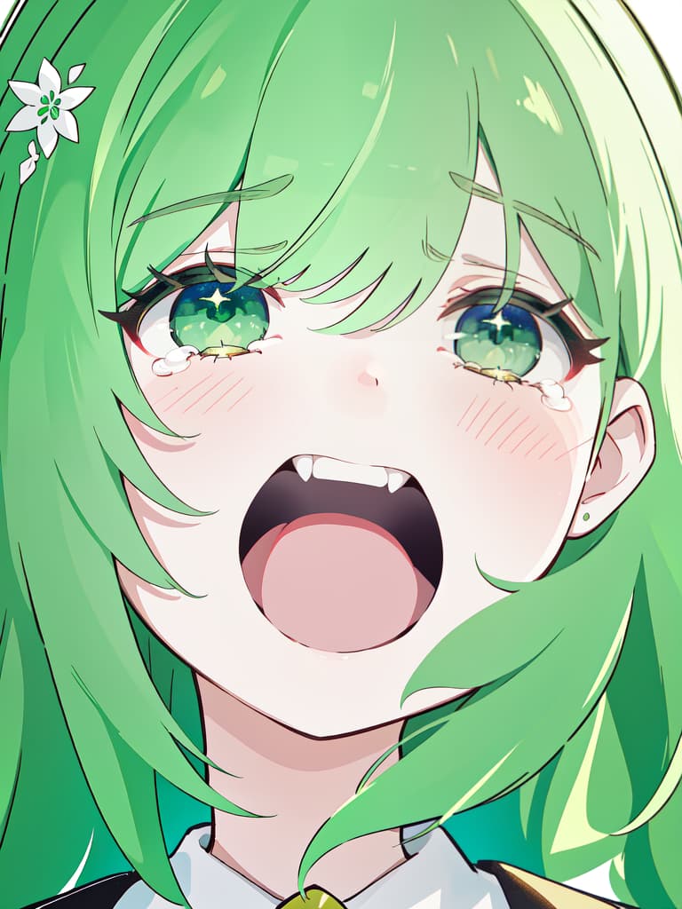  Close both eyes, open your mouth wide, and roar like crying, green hair character, masterpiece, best quality,8k,ultra detailed,high resolution,an extremely delicate and beautiful,hyper detail