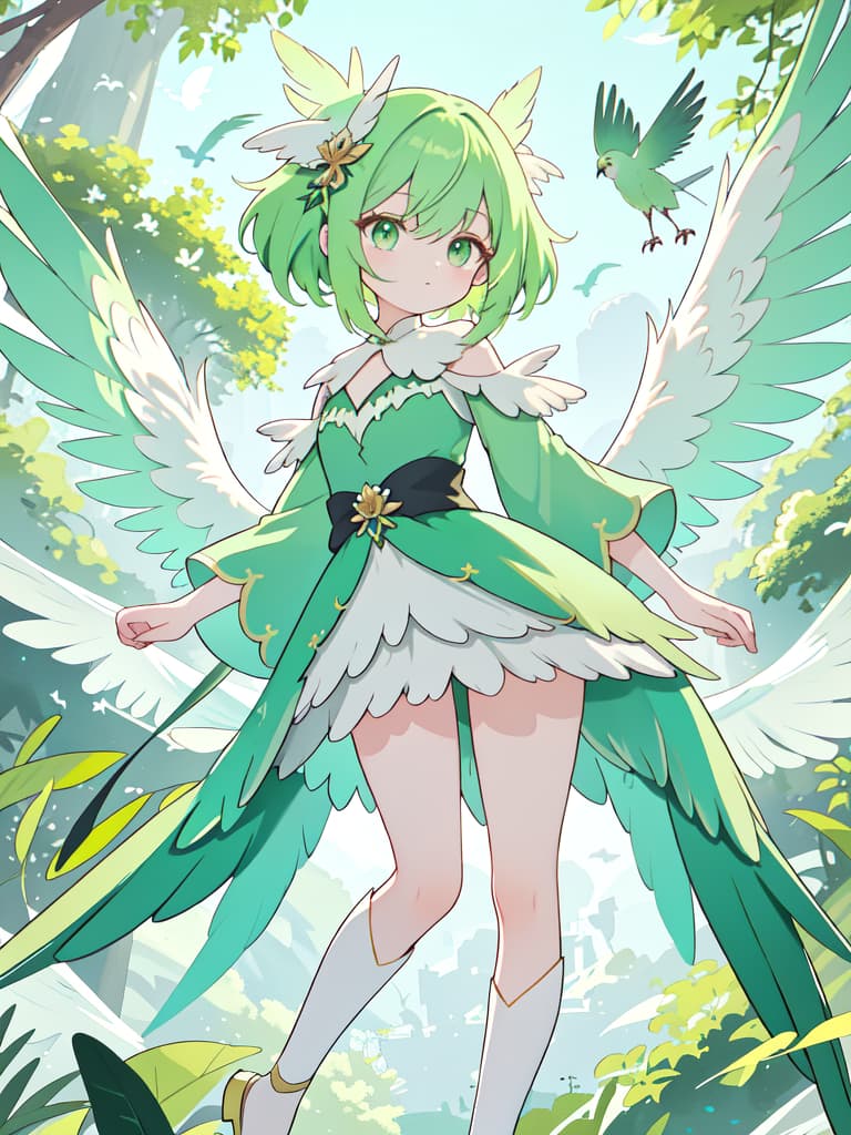  Green hair character Harpy, bird like legs, whole body feathers covered, masterpiece, best quality,8k,ultra detailed,high resolution,an extremely delicate and beautiful,hyper detail