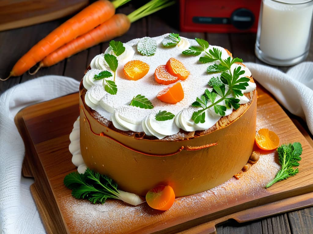  An ultradetailed closeup image of a freshly baked carrot cake resting on a rustic wooden table, with a light dusting of powdered sugar on top, showcasing the moist crumb of the cake dotted with orange specks of carrot, and surrounded by a few whole carrots with vibrant green tops, evoking a sense of rustic simplicity and homemade goodness. hyperrealistic, full body, detailed clothing, highly detailed, cinematic lighting, stunningly beautiful, intricate, sharp focus, f/1. 8, 85mm, (centered image composition), (professionally color graded), ((bright soft diffused light)), volumetric fog, trending on instagram, trending on tumblr, HDR 4K, 8K