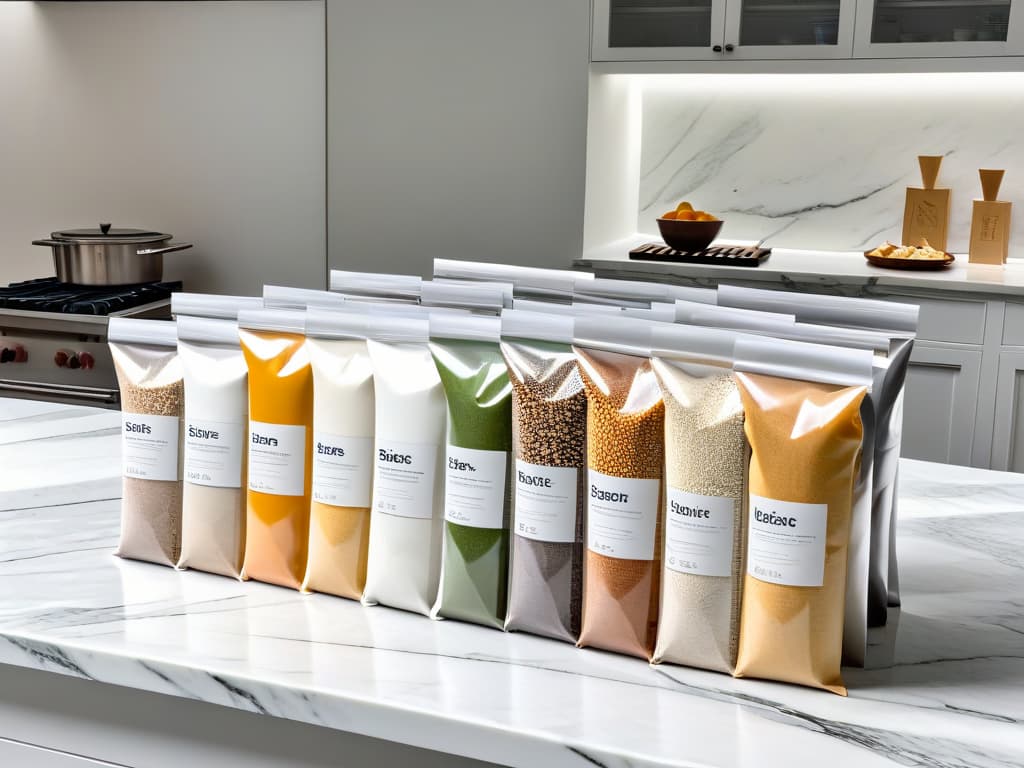  An ultradetailed image of a sleek, modern kitchen with various brands of alternative flours neatly arranged on pristine marble countertops. Each brand is elegantly displayed in minimalist packaging, showcasing a range of colors and textures that exude a sense of sophistication and quality. The soft, natural light filtering through the large windows highlights the subtle embossing on the packaging, creating a captivating play of light and shadow that emphasizes the premium nature of the products. hyperrealistic, full body, detailed clothing, highly detailed, cinematic lighting, stunningly beautiful, intricate, sharp focus, f/1. 8, 85mm, (centered image composition), (professionally color graded), ((bright soft diffused light)), volumetric fog, trending on instagram, trending on tumblr, HDR 4K, 8K