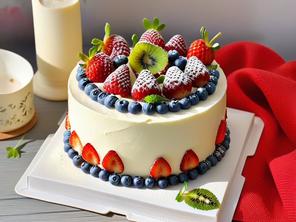  A photorealistic image of a beautifully decorated vegan organic cake, featuring vibrant organic fruits like strawberries, blueberries, and kiwi on top. The cake is elegantly frosted with dairyfree cream and garnished with edible flowers, creating a visually stunning and appetizing dessert centerpiece. hyperrealistic, full body, detailed clothing, highly detailed, cinematic lighting, stunningly beautiful, intricate, sharp focus, f/1. 8, 85mm, (centered image composition), (professionally color graded), ((bright soft diffused light)), volumetric fog, trending on instagram, trending on tumblr, HDR 4K, 8K