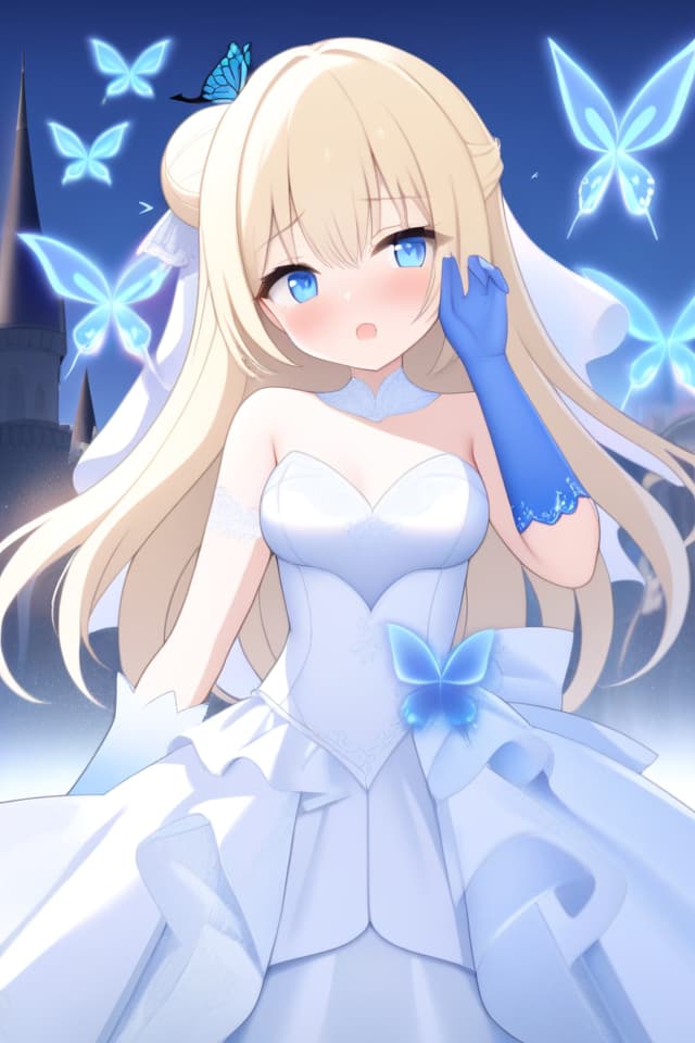  (Shiny butterfly,magic effect,pixiv,masterpiece,ultimate quality,8K wallpaper,1 girl),((blond hair,bun hair combined in one,blue eye)),((((blue pap sleeve wedding dress,light blue gloves,))),(blue hour),(luxurious castle background),