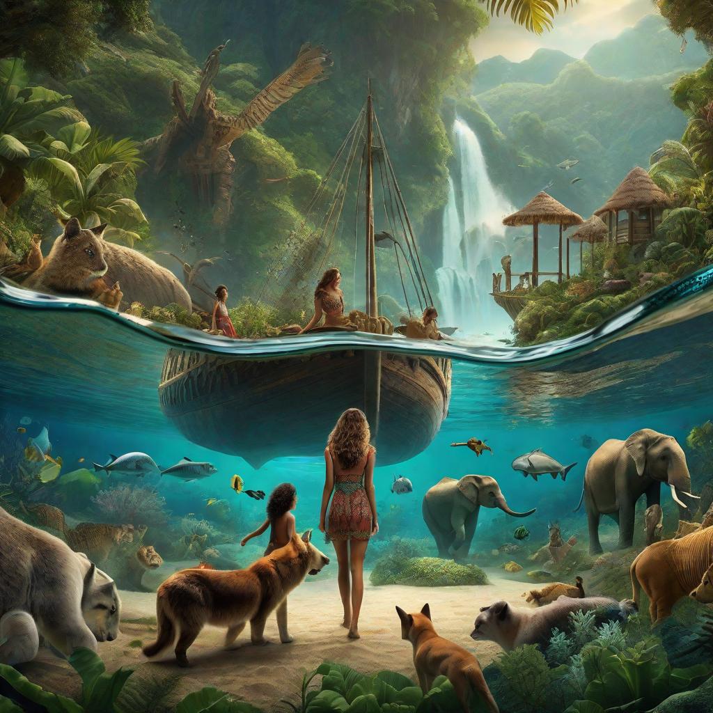  "A young and their mother arriving on an island, surrounded by various animals, with a glimpse into the mysterious underwater world visible in the backdrop. The 's expression is one of wide-eyed wonder."((masterpiece)), best quality, very detailed, high resolution, sharp, sharp image, extremely detailed, 4k, 8k, fairytale hyperrealistic, full body, detailed clothing, highly detailed, cinematic lighting, stunningly beautiful, intricate, sharp focus, f/1. 8, 85mm, (centered image composition), (professionally color graded), ((bright soft diffused light)), volumetric fog, trending on instagram, trending on tumblr, HDR 4K, 8K