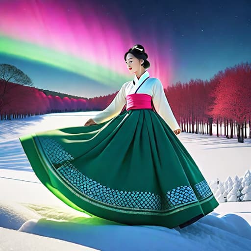  In the clear sky, people are enjoying nature in the park, there is aurora in the sky, and a very pretty person among the love is wearing hanbok. I hope the whole thing can be seen through optical lenses and it looks forward-looking hyperrealistic, full body, detailed clothing, highly detailed, cinematic lighting, stunningly beautiful, intricate, sharp focus, f/1. 8, 85mm, (centered image composition), (professionally color graded), ((bright soft diffused light)), volumetric fog, trending on instagram, trending on tumblr, HDR 4K, 8K