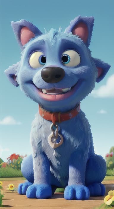  {Max carefully picking up the ball with his teeth without disturbing the flowers, The big blue dog is large with sky blue fur, big round eyes, a black nose, and floppy ears.