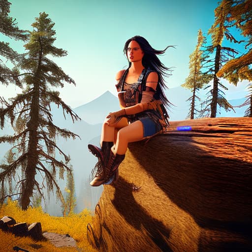 nvinkpunk native amercan women, green eyes, long hair, seven year, wearing blue jeans, wearing flannel shirt, wearing boots, beautiful, sitting on a footlog over a creek, mountain landscape on a ranch, mysterious bigfoot in the background in the shadows of the trees, , breathtaking, far shot, full focuse, doentary photography, masterpiece, insanely detailed
