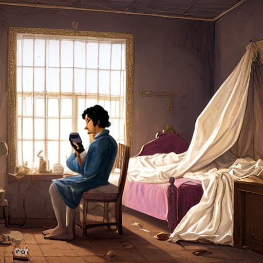  A prince sitting on a bed using phone in a poor house with a horrible maiden