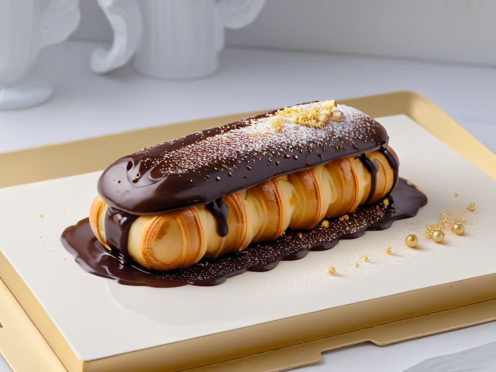  An ultradetailed closeup image of a freshly baked éclair with a glossy chocolate glaze, showing intricate details of the choux pastry shell, the smooth and shiny glaze, and a sprinkle of gold dust on top, all set on a sleek, modern white plate with subtle soft lighting to enhance the minimalistic aesthetic. hyperrealistic, full body, detailed clothing, highly detailed, cinematic lighting, stunningly beautiful, intricate, sharp focus, f/1. 8, 85mm, (centered image composition), (professionally color graded), ((bright soft diffused light)), volumetric fog, trending on instagram, trending on tumblr, HDR 4K, 8K