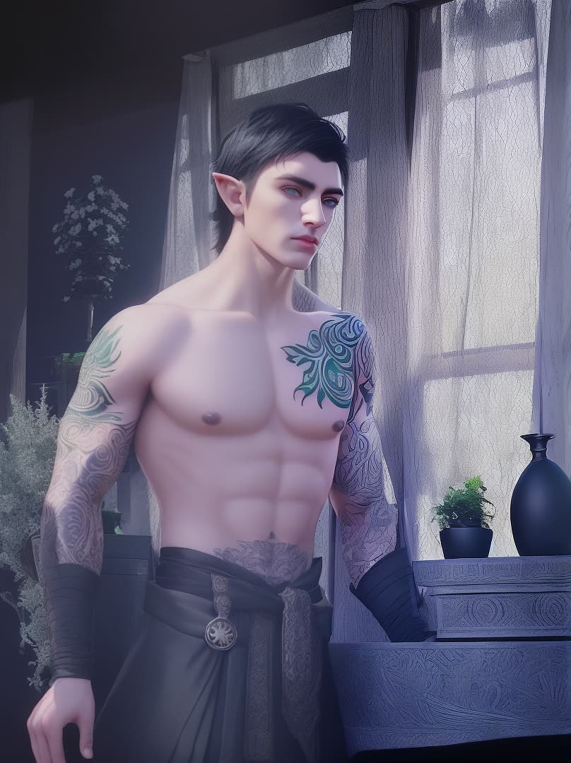  male, half-elf, short black hair, green eyes, tattoos, thin toned body, hyperrealistic, high quality, highly detailed, cinematic lighting, intricate, sharp focus, f/1. 8, 85mm, (centered image composition), (professionally color graded), ((bright soft diffused light)), volumetric fog, trending on instagram, HDR 4K, 8K