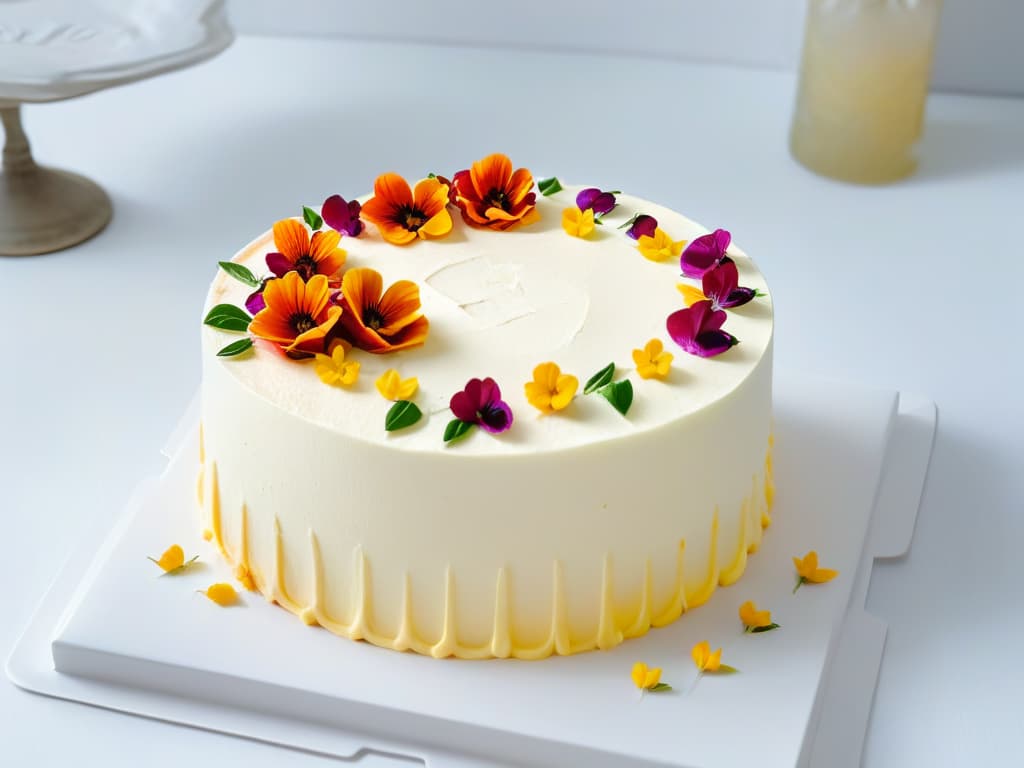  A highresolution, minimalist image of a beautifully decorated tres leches cake, featuring intricate piping details and delicate edible flowers on a pristine white background. The cake is elegantly presented on a modern, sleek cake stand, exuding a sense of sophistication and creativity. hyperrealistic, full body, detailed clothing, highly detailed, cinematic lighting, stunningly beautiful, intricate, sharp focus, f/1. 8, 85mm, (centered image composition), (professionally color graded), ((bright soft diffused light)), volumetric fog, trending on instagram, trending on tumblr, HDR 4K, 8K