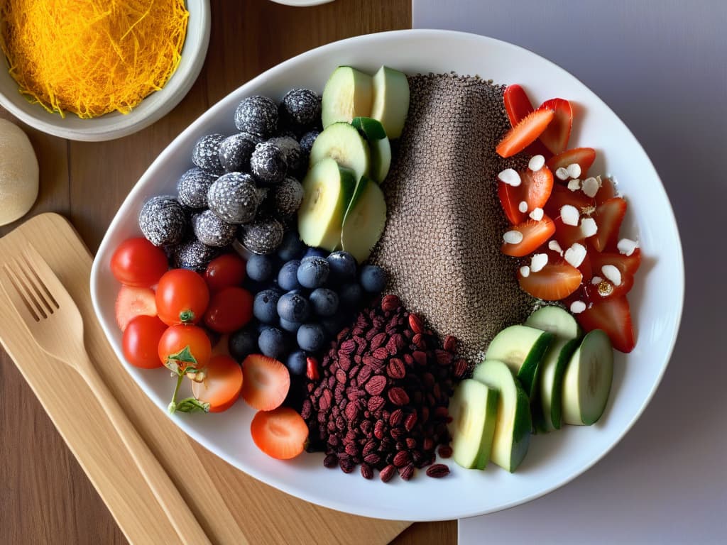  A highresolution image of a sleek, modern kitchen countertop adorned with vibrant bowls of colorful superfoods like acai berries, chia seeds, goji berries, and cacao nibs arranged in an aesthetically pleasing and symmetrical pattern. The image captures the essence of healthy eating and culinary creativity, with soft natural lighting enhancing the rich hues and textures of the superfoods, creating a visually appealing and inviting scene that resonates with the theme of transforming desserts into nutritious powerhouses. hyperrealistic, full body, detailed clothing, highly detailed, cinematic lighting, stunningly beautiful, intricate, sharp focus, f/1. 8, 85mm, (centered image composition), (professionally color graded), ((bright soft diffused light)), volumetric fog, trending on instagram, trending on tumblr, HDR 4K, 8K