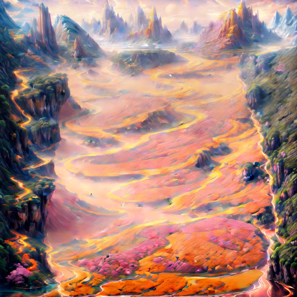  A surreal landscape with floating mountains, glowing flora, and a mystical river flowing through it. The sky is a mix of pastel pinks and oranges, with a soft golden light casting shadows on the ground. The style is dreamlike and ethereal, with intricate details and a sense of otherworldliness. style RAW, best quality, masterpiece