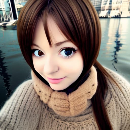 wa-vy style cute brown haired anime girl selfie wearing brown