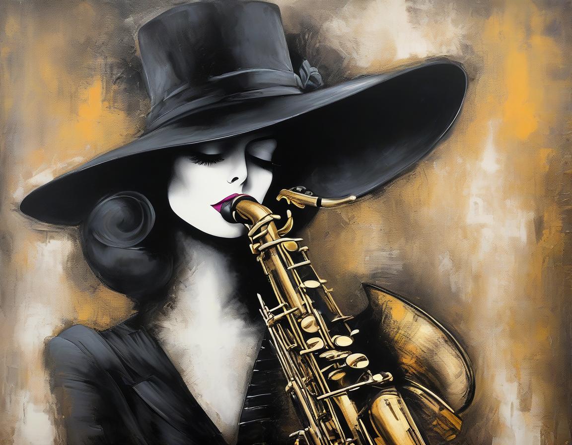  concept art An exquisite depiction of woman in a black hat playing the saxophone, with Louis Jover and Drew Darcy inspired style. The artwork is highly detailed, elegant, and intricate, featuring dynamic lighting and imperial colors. It is a stunning piece with a surreal and ultra realistic touch, created using oil on canvas with a focus on sharp details . digital artwork, illustrative, painterly, matte painting, highly detailed hyperrealistic, full body, detailed clothing, highly detailed, cinematic lighting, stunningly beautiful, intricate, sharp focus, f/1. 8, 85mm, (centered image composition), (professionally color graded), ((bright soft diffused light)), volumetric fog, trending on instagram, trending on tumblr, HDR 4K, 8K