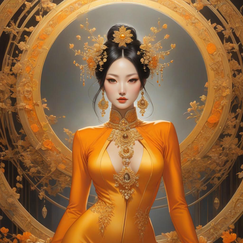  surrealist art A cartoon in an orange costume with gold jewelry, in the style of miho hirano, light yellow and dark brown, close up, traditional costumes, like simplicity, comic art, tondo . dreamlike, mysterious, , symbolic, intricate, detailed hyperrealistic, full body, detailed clothing, highly detailed, cinematic lighting, stunningly beautiful, intricate, sharp focus, f/1. 8, 85mm, (centered image composition), (professionally color graded), ((bright soft diffused light)), volumetric fog, trending on instagram, trending on tumblr, HDR 4K, 8K