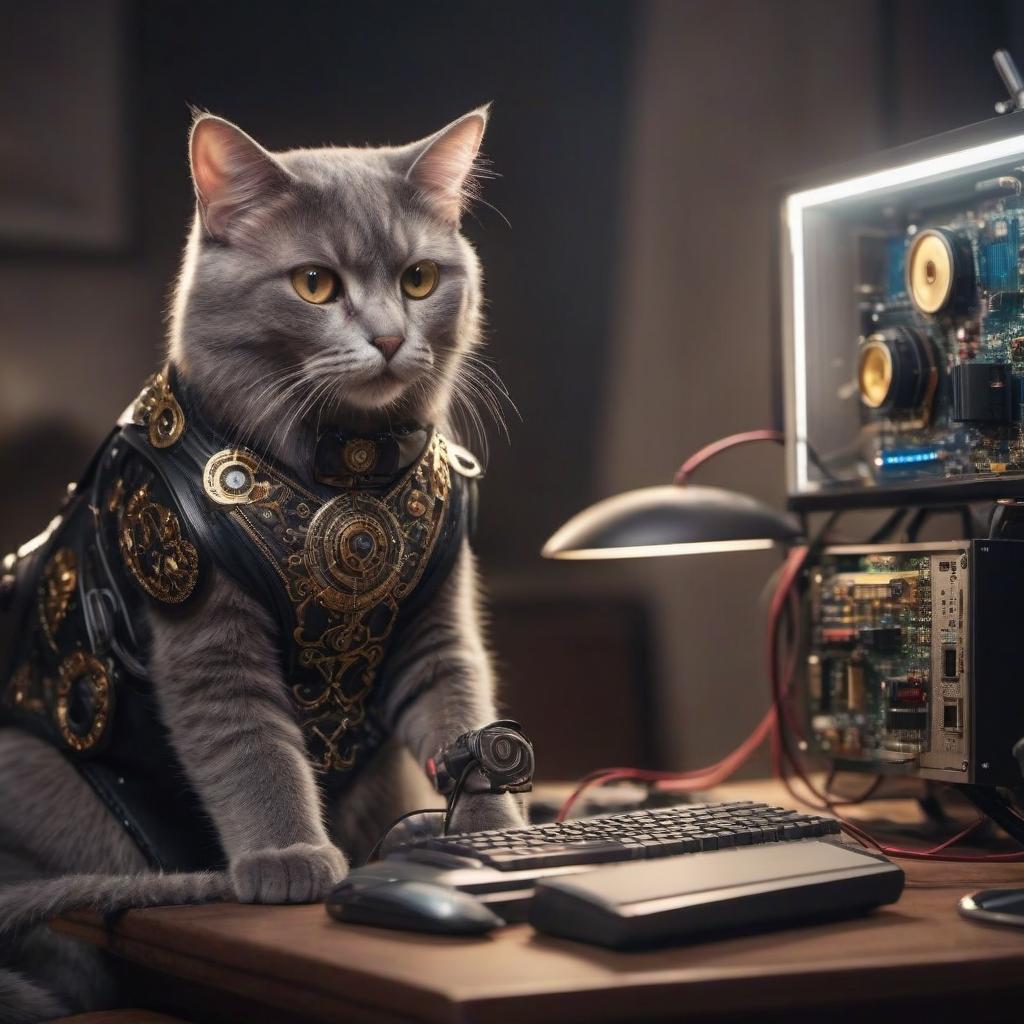  A cat dressed up fixes the computer. hyperrealistic, full body, detailed clothing, highly detailed, cinematic lighting, stunningly beautiful, intricate, sharp focus, f/1. 8, 85mm, (centered image composition), (professionally color graded), ((bright soft diffused light)), volumetric fog, trending on instagram, trending on tumblr, HDR 4K, 8K