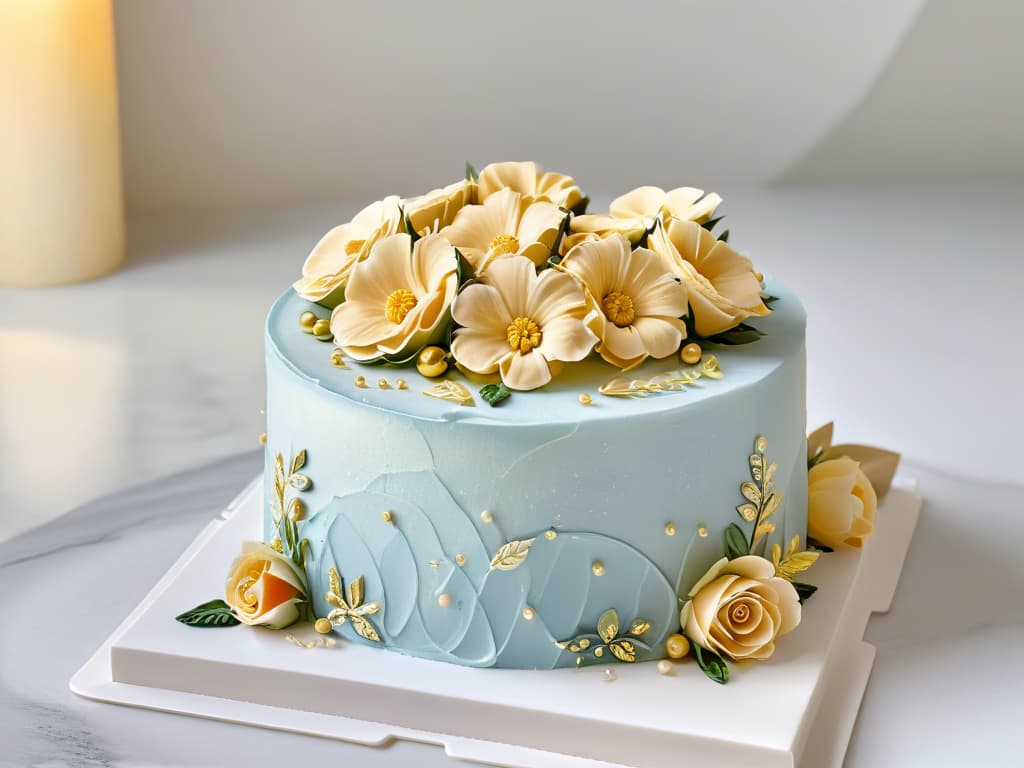  A closeup, ultradetailed image of a perfectly frosted cake with layers of pastelcolored icing, delicate floral decorations, and shimmering edible gold leaf accents. The cake sits on a sleek, modern marble cake stand against a soft, neutral background to highlight the intricate details and craftsmanship of the dessert. hyperrealistic, full body, detailed clothing, highly detailed, cinematic lighting, stunningly beautiful, intricate, sharp focus, f/1. 8, 85mm, (centered image composition), (professionally color graded), ((bright soft diffused light)), volumetric fog, trending on instagram, trending on tumblr, HDR 4K, 8K