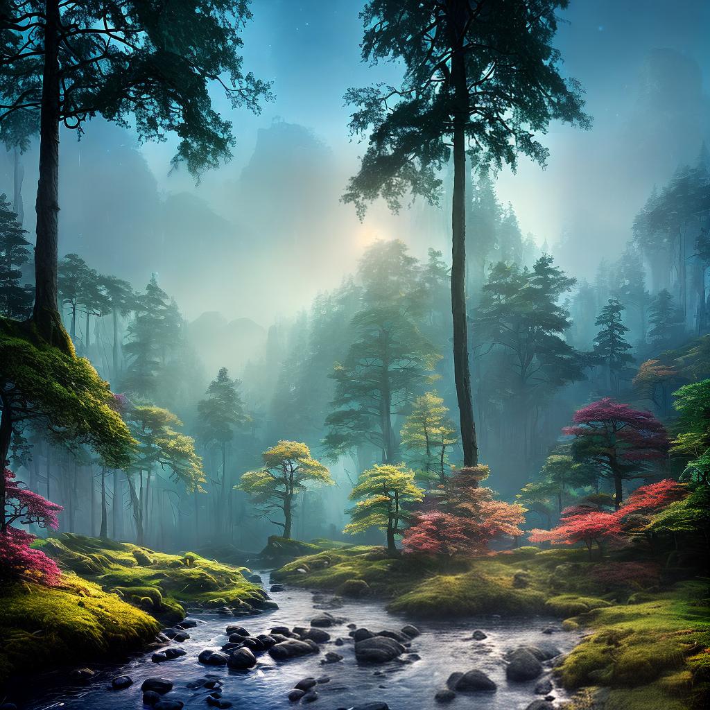 nvinkpunk ((masterpiece)), (((best quality))), 8k, high detailed, ultra-detailed. A breathtaking fantasy landscape depicting a mystical forest bathed in the soft glow of moonlight. Tall, ancient trees with twisted branches reach towards the starry sky. Moss-covered rocks and vibrant mushrooms dot the forest floor. A gentle stream runs through the middle of the scene, reflecting the moonlight and illuminating the surroundings. Fireflies dance in the air, casting a mesmerizing glow. In the distance, a hidden cottage can be seen, its windows aglow with warm light. hyperrealistic, full body, detailed clothing, highly detailed, cinematic lighting, stunningly beautiful, intricate, sharp focus, f/1. 8, 85mm, (centered image composition), (professionally color graded), ((bright soft diffused light)), volumetric fog, trending on instagram, trending on tumblr, HDR 4K, 8K