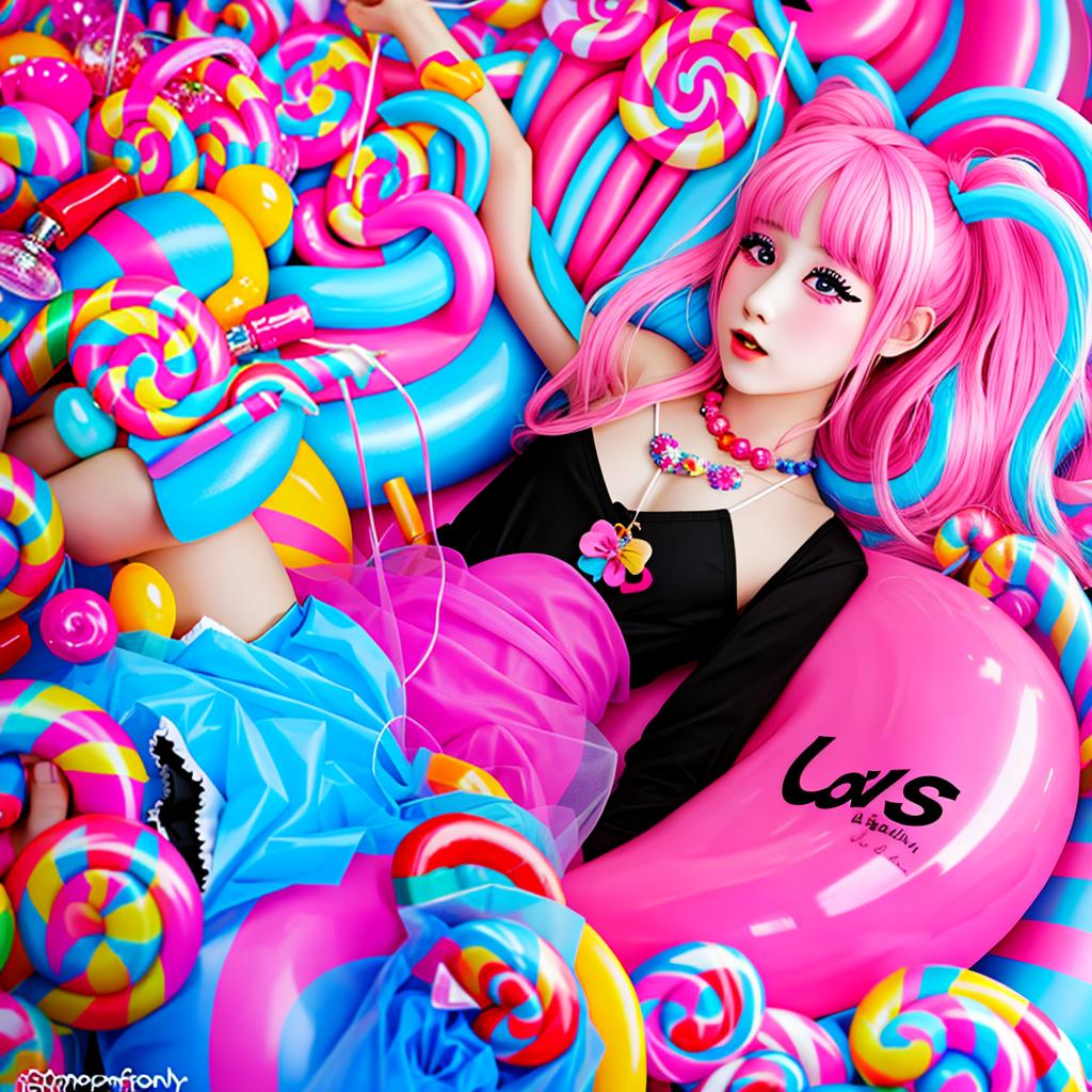  in a Candyland style, A beautiful girl with black eyes.