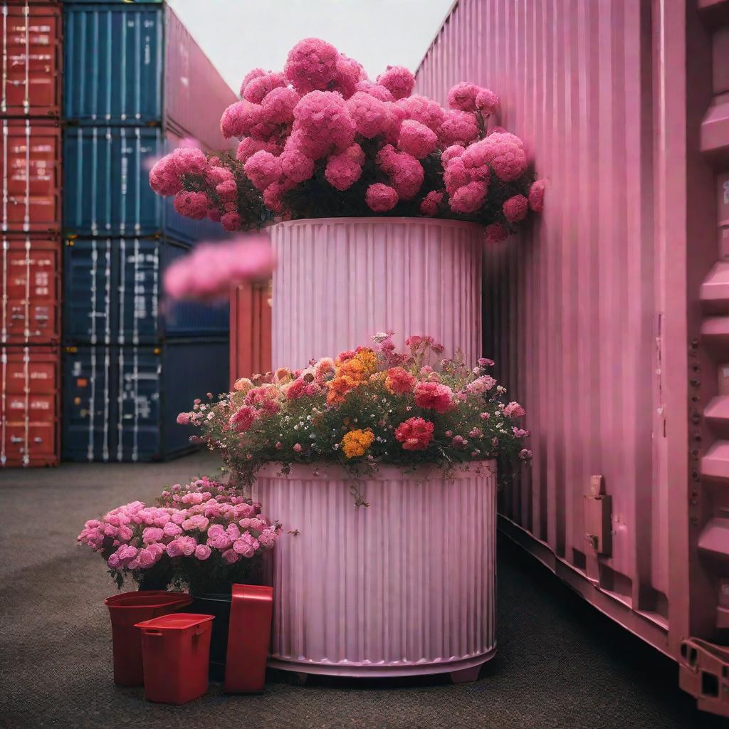  a container pink full of flowers. hyperrealistic, full body, detailed clothing, highly detailed, cinematic lighting, stunningly beautiful, intricate, sharp focus, f/1. 8, 85mm, (centered image composition), (professionally color graded), ((bright soft diffused light)), volumetric fog, trending on instagram, trending on tumblr, HDR 4K, 8K