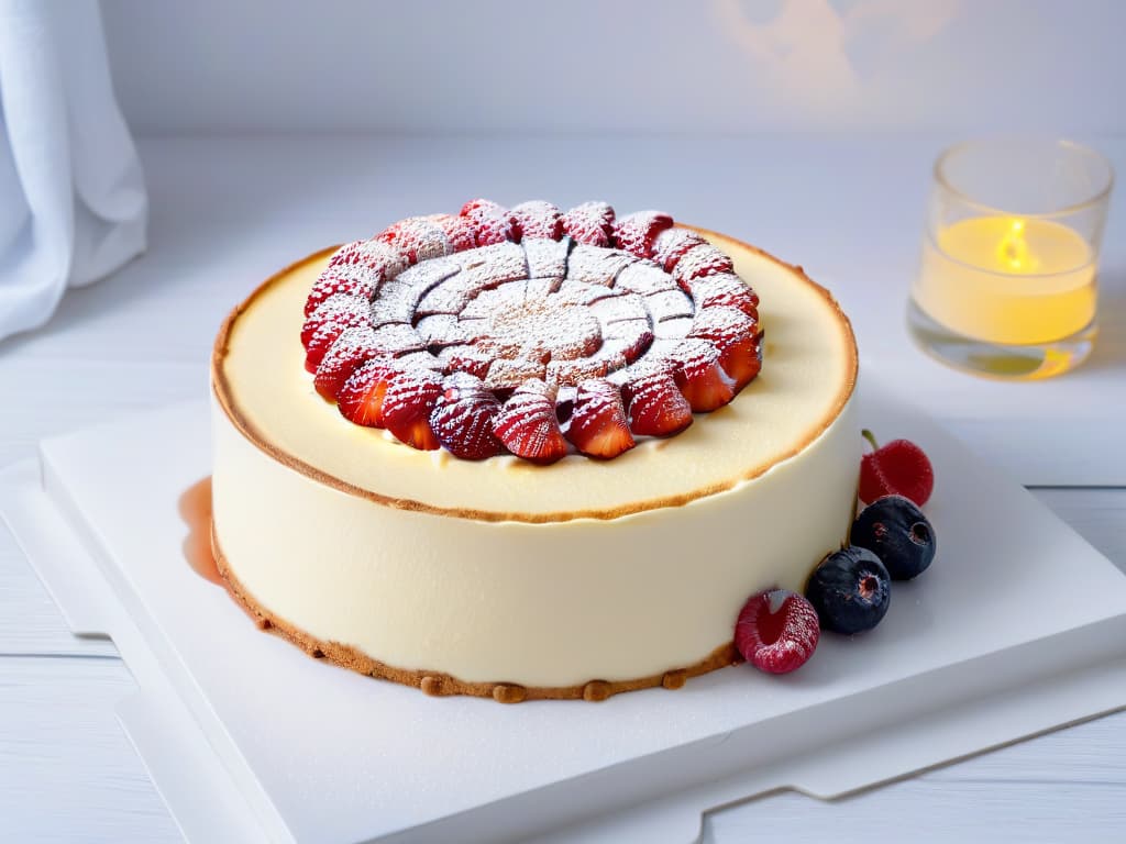  A closeup, ultradetailed image of a creamy New Yorkstyle cheesecake with a perfectly golden, graham cracker crust. The focus is on the velvety texture of the cheesecake, showcasing its rich and decadent appearance. The top is elegantly decorated with a thin layer of glossy fruit compote, adding a pop of vibrant color to the otherwise monochromatic dessert. The lighting highlights the intricate swirls on the surface, inviting the viewer to indulge in the luxurious treat. hyperrealistic, full body, detailed clothing, highly detailed, cinematic lighting, stunningly beautiful, intricate, sharp focus, f/1. 8, 85mm, (centered image composition), (professionally color graded), ((bright soft diffused light)), volumetric fog, trending on instagram, trending on tumblr, HDR 4K, 8K