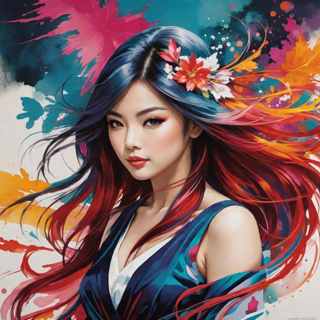  in a Japanese art style, Infuse a burst of vibrant colors into the canvas as you capture the dynamic movement of a girl's flowing hair, creating a lively and enchanting masterpiece.