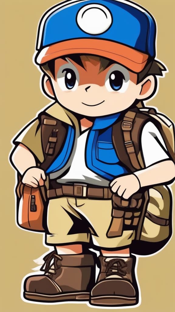  cute cartoon Pokemon trainer little boy carrying a backpack and wearing a khaki vest over a shirt and khaki shorts and wearing tall black work boots , ((masterpiece)), best quality, very detailed, high resolution, sharp, sharp image, extremely detailed, 4k, 8k