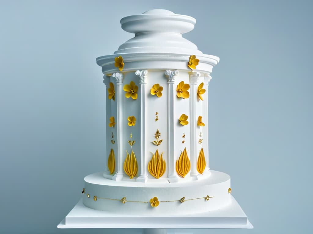  A highly detailed image of a delicate sugar sculpture resembling a classic Renaissance column, intricately adorned with edible gold leaf and tiny edible flowers, set against a stark white background to highlight its intricate details and elegant design. hyperrealistic, full body, detailed clothing, highly detailed, cinematic lighting, stunningly beautiful, intricate, sharp focus, f/1. 8, 85mm, (centered image composition), (professionally color graded), ((bright soft diffused light)), volumetric fog, trending on instagram, trending on tumblr, HDR 4K, 8K