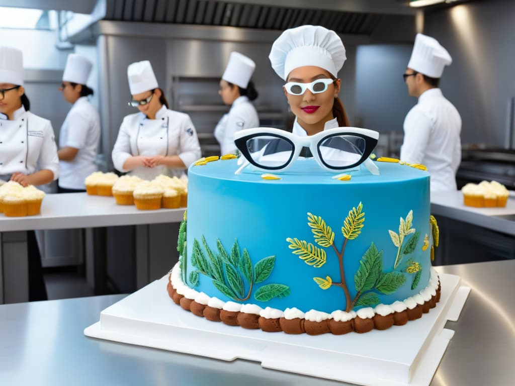  An ultradetailed image of a modern kitchen setting with sleek white countertops and hightech augmented reality glasses placed next to a beautifully decorated cake. The AR glasses display intricate stepbystep instructions for decorating pastries, while a diverse group of enthusiastic culinary students, each wearing a white chef's uniform, attentively follow along. The image captures the seamless integration of technology and traditional baking techniques, emphasizing the innovative use of augmented reality in culinary education. hyperrealistic, full body, detailed clothing, highly detailed, cinematic lighting, stunningly beautiful, intricate, sharp focus, f/1. 8, 85mm, (centered image composition), (professionally color graded), ((bright soft diffused light)), volumetric fog, trending on instagram, trending on tumblr, HDR 4K, 8K