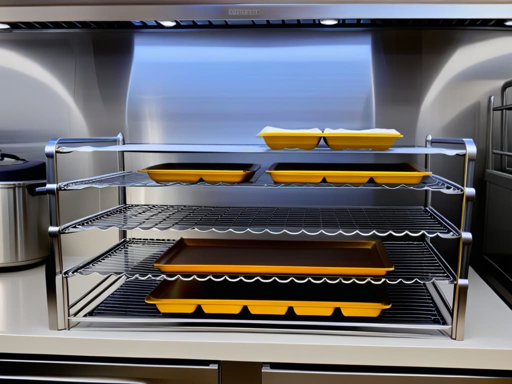  An ultradetailed 8k image of a sleek, minimalist kitchen countertop showcasing an array of professionalgrade cooling racks and baking trays neatly organized in a symmetrical pattern. The cooling racks gleam under soft, ambient lighting, emphasizing their sturdy construction and polished finish, while the baking trays, arranged with precision, hint at the potential for creating delectable pastries and desserts. The overall aesthetic exudes a sense of precision, professionalism, and culinary mastery, perfectly complementing the informative tone of the article. hyperrealistic, full body, detailed clothing, highly detailed, cinematic lighting, stunningly beautiful, intricate, sharp focus, f/1. 8, 85mm, (centered image composition), (professionally color graded), ((bright soft diffused light)), volumetric fog, trending on instagram, trending on tumblr, HDR 4K, 8K