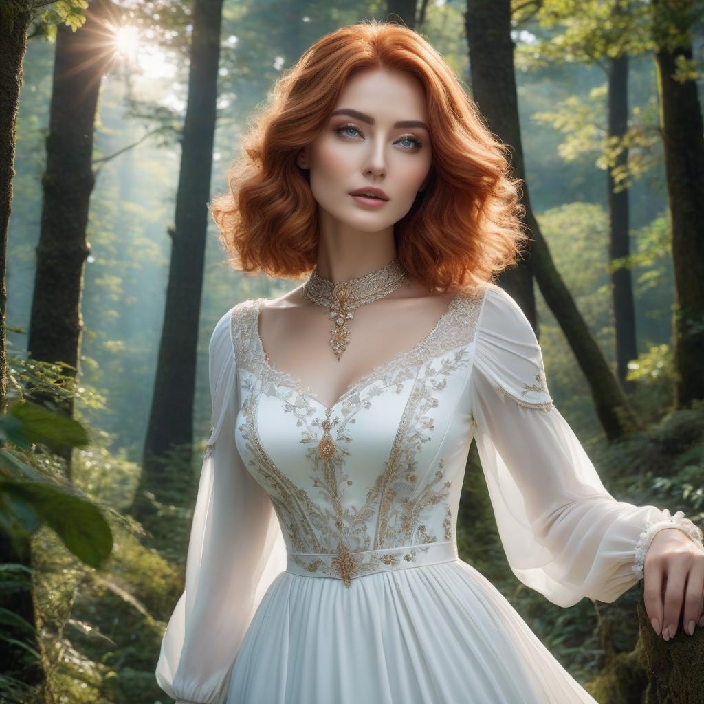  A young , a noblewoman, eigh year, in a simple white dress, copper colored hair, against a forest background, LOOKING AT THE SKY, clear focus, brightly outlined eyes, well drawn details, bright and lively eyes, a beautiful portrait ilration, portrait style fantasy, No makeup or cosmetics on the face, blue and white reflections, bright colors, bright eyes, fantastic art, intricate design, highly detailed, clear focus, 8k, high resolution, elegant. hyperrealistic, full body, detailed clothing, highly detailed, cinematic lighting, stunningly beautiful, intricate, sharp focus, f/1. 8, 85mm, (centered image composition), (professionally color graded), ((bright soft diffused light)), volumetric fog, trending on instagram, trending on tumblr, HDR 4K, 8K